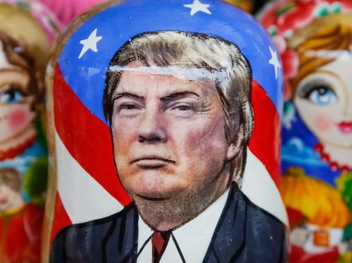 A matryoshka doll with the face of US President-elect Donald Trump surrounded by other matryoshkas is displayed on the table of the street souvenir vendor in the Andriyivskyy Descent in downtown Kiev, Ukraine, 10 November 2016. Americans on 08 November chose Republican candidate Donald Trump as the 45th President of the United States of America, to serve from 2017 through 2020.