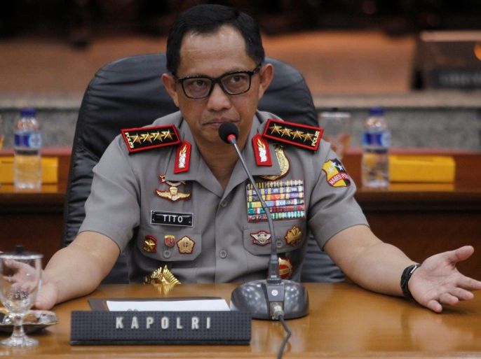 Indonesia's National Police Chief General Tito Karnavian speaks about a blasphemy probe involving Jakarta Governor Basuki Tjahaja Purnama, nicknamed "Ahok" at police headquarters in Jakarta, Indonesia November 16, 2016. REUTERS/Iqro Rinaldi