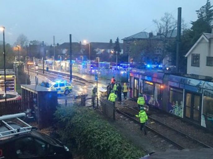 A handout photograph made available by the London Ambulance Service showing members of the emergency services at the scene of the fatal Croydon tram derailment near Sandilands tram stop, Croydon, London, England, 09 November 2016. British Transport Police report that a tram derailed near Sandilands tram stop, Croydon, south London on 09 November 2016 where five people have died and more than 50 others have been taken to hospital with injuries. Officers are continuing to