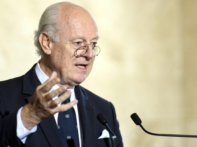 Staffan de Mistura, UN Special Envoy of the Secretary-General for Syria, speaks about the International Syria Support Group's Humanitarian Access Task Force, at the European headquarters of the United Nations, in Geneva, Switzerland, 27 October 2016.