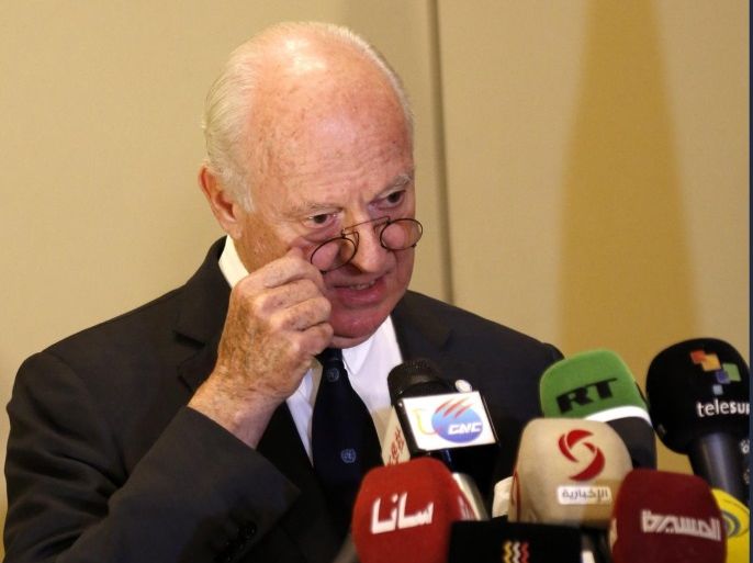 UN special envoy to Syria, Staffan de Mistaura, speaks during a press conference in Damascus, Syria, 20 November 2016. Syrian Foreign Minister Walid al-Moallem said earlier in the day that his government rejected the United Nations' proposal to establish an autonomous administration in eastern Aleppo.