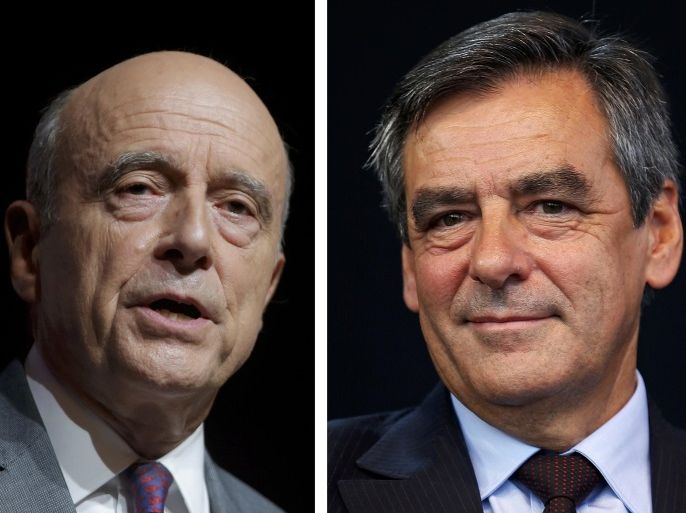 A combination of file photos shows Alain Juppe (L), current mayor of Bordeaux and Francois Fillon, a former prime minister, who lead in the first round French center-right presidential primary election November 20, 2016. Alain Juppe and Francois Fillon, are the top two candidates after results in voting November 20, 2016 in the French center-right presidential primary election. File photos by Vincent Kessler and Eric Gaillard REUTERS/File Photos