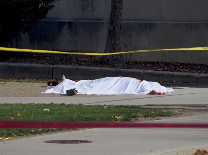 A bloodied body lies outside of the CBEC Building and Koffolt Labs following the attack on Ohio State University's campus in Columbus, Ohio, U.S. November 28, 2016. Courtesy of Mason Swires/thelantern.com/Handout via REUTERS ATTENTION EDITORS - THIS IMAGE WAS PROVIDED BY A THIRD PARTY. EDITORIAL USE ONLY. NO ARCHIVES. NO SALES. MANDATORY CREDIT. TEMPLATE OUT