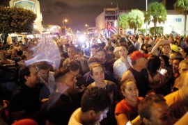 Members of the Cuban community of Miami celebrate the death of former Cuban President Fidel Castro at the popular Cuban restaurant Versailles in Little Havana neighborhood of Miami, Florida, USA, 26 November 2016. According to a Cuban state TV broadcast, Cuban former President Fidel Castro has died at the age of 90 on 25 November 2016.