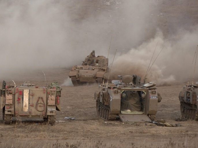 Israeli tanks from the armored corps in action during training in the center of the Golan Heights, near the Israel border with Syria 07 September 2016. Two projectile fired form the Syrian side of the border hit an open area in the Northern Israeli part of Golan Heights, as a result of the fighting between the Syrian army loyal to the Syrian President Bashar Al Assad and the rebels, no injuries or damages reported, according to the Israeli army spokesman.