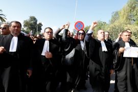 Tunisian lawyers demonstrate against the government's proposed new taxes outside parliament in Tunis, Tunisia November 23, 2016. REUTERS/Zoubeir Souissi