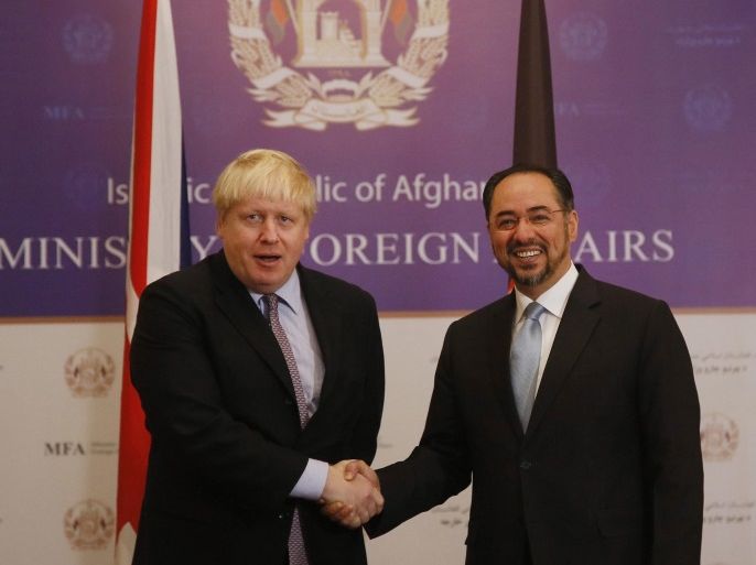 Boris Johnshon (L), British Foreign Secretary shakes hand with Afghan foreign minister Sallahudin Rabani (R) during their meeting in Kabul, Afghanistan, 26 November 2016. Boris Johnson is on an official visit to Kabul to discuss issues of mutual interest and regional security with Pakistani leadership.