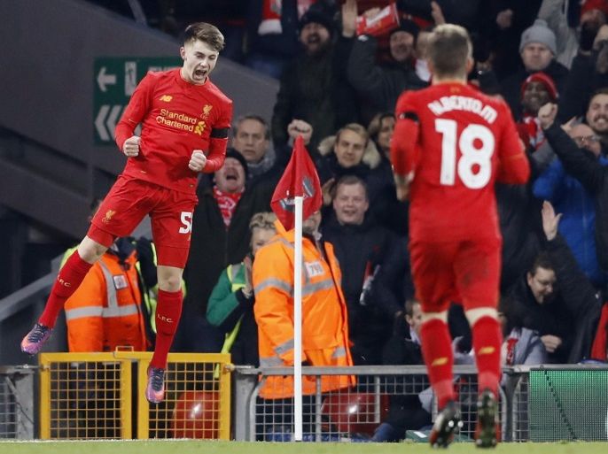Britain Football Soccer - Liverpool v Leeds United - EFL Cup Quarter Final - Anfield - 29/11/16 Liverpool's Ben Woodburn celebrates scoring their second goal Action Images via Reuters / Carl Recine Livepic EDITORIAL USE ONLY. No use with unauthorized audio, video, data, fixture lists, club/league logos or "live" services. Online in-match use limited to 45 images, no video emulation. No use in betting, games or single club/league/player publications. Please contact you