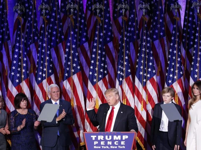 US President-elect Donald Trump (C) speaks on stage at his 2016 US presidential Election Night event, as votes continue to be counted at the New York Hilton Midtown in New York, New York, USA, 08 November 2016. US businessman Republican Donald Trump has won the US presidential election. Americans voted on Election Day to choose the 45th President of the United States of America to serve from 2017 through 2020.