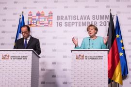 German Chancellor Angela Merkel (R) and French President Francois Hollande (L) adress the media during a press conference at the end of Bratislava EU summit, an informal meeting of the 27 heads of state or government, in Bratislava, Slovak Republic, 16 September 2016. European Union leaders meet to discuss a new strategy and future of the European Union after the recent Brexit referendum in Britain.