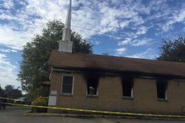 Hopewell Baptist Church is damaged by fire and graffiti in Greenville, Mississippi, U.S., November 2, 2016. Courtesy Angie Quezada/Delta Daily News via REUTERS ATTENTION EDITORS - THIS IMAGE WAS PROVIDED BY A THIRD PARTY. EDITORIAL USE ONLY. NO RESALES. NO ARCHIVE. MANDATORY CREDIT.