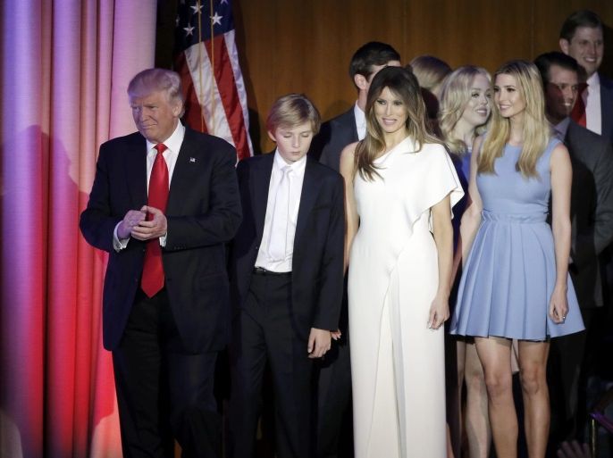 U.S. President-elect Donald Trump, his wife Melania, daughter Ivanka, son Barron and other family members greet supporters during his election night rally in Manhattan, New York, U.S., November 9, 2016. REUTERS/Mike Segar