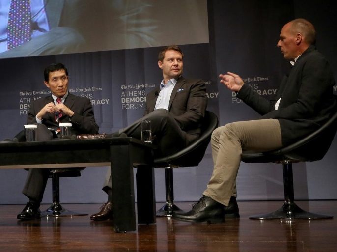 From L-R Nobel Prize-winning economist Paul Krugman, economist Yasheng Huang, global head of international relations for Google Ross LaJeunesse and former Greek Finance Minister Yanis Varougakis participating in a forum during the 4th annual 'Αthens Democracy Forum', Athens, Greece, 15 September 2016. The forum is organised to bring together politicians, policy makers, journalists, scholars and experts from the fields of business, finance and technology to explore the