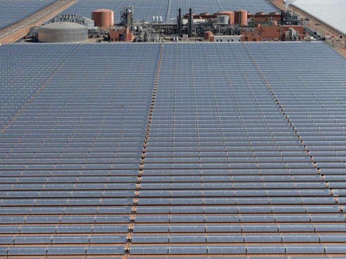 A picture made available on 05 February 2016 shows an aerial view of solar panels at the concentrated solar power (CSP) plant Noor 1, ahead of its opening ceremony, in Ouarzazate, southern Morocco, 04 February 2016. Noor 1, also called Ouarzazate Solar Power Station (OSPS), one of the largest solar plants in the world, is the first stage of a larger project to boost renewable energy production in Morocco.