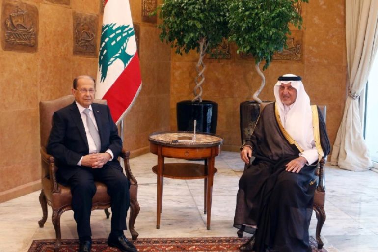 Lebanese president Michel Aoun meets with Saudi Arabia's Prince Khaled al-Faisal inside the presidential palace in Baabda, near Beirut, Lebanon November 21, 2016. REUTERS/Mohamed Azakir