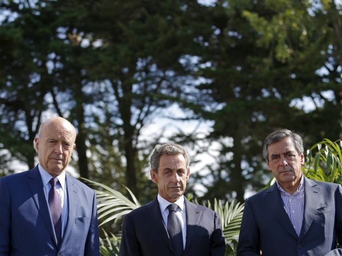 From L-R : Former French prime minister and Bordeaux's mayor Alain Juppe, former French president and head of the conservative Les Republicains political party Nicolas Sarkozy, and former French prime minister Francois Fillon attend the summer university camp held by Loire-Atlantique Republicans Party in La Baule, France, September 5, 2015. REUTERS/Stephane Mahe