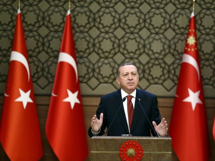 Turkish President Tayyip Erdogan makes a speech during his meeting with mukhtars at the Presidential Palace in Ankara, Turkey, October 26, 2016. Yasin Bulbul/Presidential Palace/Handout via REUTERS ATTENTION EDITORS - THIS PICTURE WAS PROVIDED BY A THIRD PARTY. FOR EDITORIAL USE ONLY. NO RESALES. NO ARCHIVE.