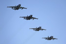 Russian Sukhoi Su-25 fighter jets fly in formation after returning from Syria, before landing at an airbase in Krasnodar region, southern Russia, in this March 16, 2016 handout photo by the Russian Ministry of Defence. REUTERS/Russian Ministry of Defence/Olga Balashova/Handout via Reuters ATTENTION EDITORS - THIS IMAGE WAS PROVIDED BY A THIRD PARTY. REUTERS IS UNABLE TO INDEPENDENTLY VERIFY THE AUTHENTICITY, CONTENT, LOCATION OR DATE OF THIS IMAGE. THE PICTURE IS