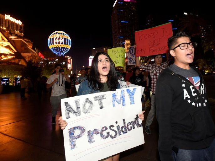 Demonstrators chant during a protest march against the election of Republican Donald Trump as President of the United States, along the Las Vegas Strip in Las Vegas, Nevada, U.S. November 9, 2016. REUTERS/David Becker
