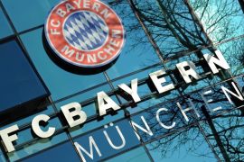 The logo FC Bayern Munich is seen on an office building at the club headquarters on Saebener Strasse in Munich, Germany, 13 March 2014. Uli Hoeness, the president of German soccer champions Bayern Munich, was sentenced to three and half years in jail on 13 March 2014 after being found guilty of evading taxes estimated at 27.2 million euros (38 million dollars) by a court in Munich.