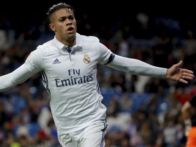 Real Madrid's Dominican striker Mariano Diaz jubilates his second goal against Cultural Leonesa during their second leg match of the King's Cup round of 32 played at Santiago Bernabeu stadium in Madrid, Spain on 30 November 2016.