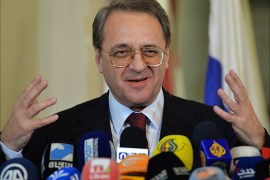 epa04515929 Russian Presidential Envoy and Deputy Foreign Minister Mikhail Bogdanov speaks during a news conference following his meeting with Lebanese Minister of Foreign Affairs Gebran Bassil (not seen) at the Foreign Ministry in Beirut, Lebanon, 05 December 2014. Bogdanov arrived in Lebanon on 04 December for a two-day visit to meet with Lebanese senior officials. EPA/WAEL HAMZEH