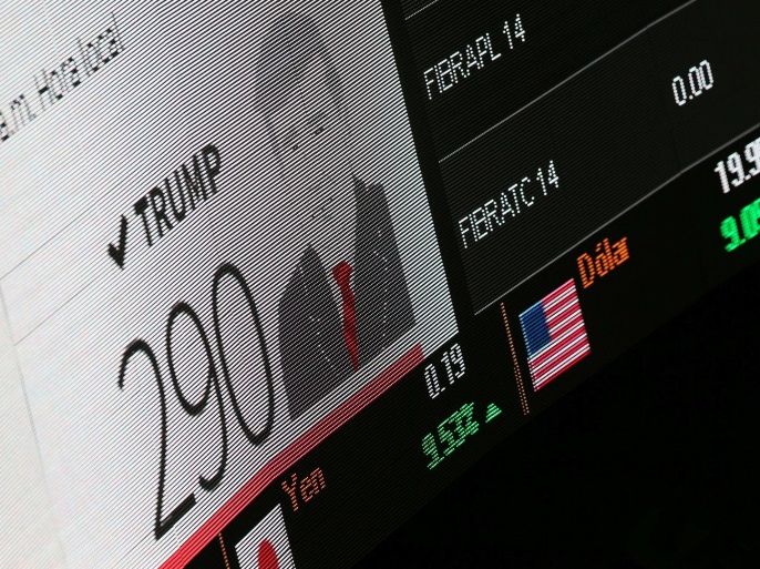 A screen displays results of the U.S. election next to an electronic stock quotation inside Mexico's stock exchange building in Mexico City, Mexico, November 9, 2016. REUTERS/Edgard Garrido