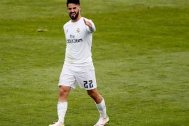 Real Madrid's midfielder Francisco Alarcon 'Isco' jubilates his goal against Getafe FC during their Primera Division soccer match played at Coliseum Alfonso Perez stadium in Getafe, Madrid, Spain on 15 April 2016.