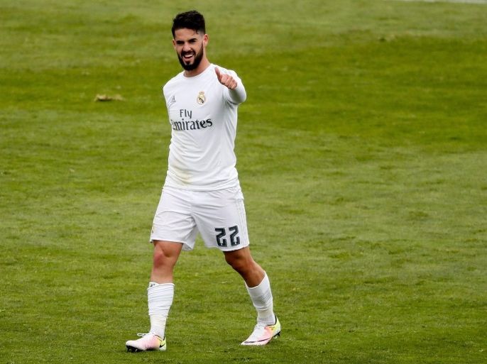 Real Madrid's midfielder Francisco Alarcon 'Isco' jubilates his goal against Getafe FC during their Primera Division soccer match played at Coliseum Alfonso Perez stadium in Getafe, Madrid, Spain on 15 April 2016.