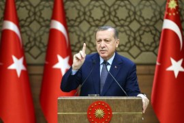 A handout picture provided by the Turkish President Press office shows Turkish President Recep Tayyip Erdogan speaking during the 32nd Mukhtars meeting in Ankara, Turkey, 14 December 2016.