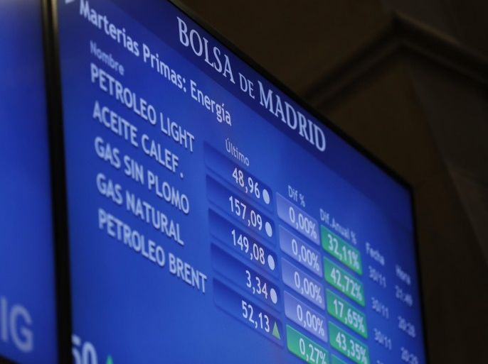 A screen displaying the prices of light petroleum (from up), heating oil, unleaded gas, natural gas, and brent oil, at Madrid's Stock Exchange Market, Spain, 01 December 2016. The Brent crude price jumped above 52 US dollars after the Organization of the Petroleum Exporting Countries (OPEC) passed a reduction in its oil offer.