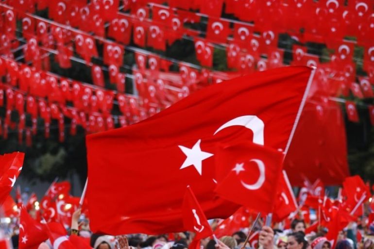 Supporters of Turkish President Recep Tayyip Erdogan hold Turkish flags during a rally in Gaziantep, Turkey 28 August 2016. Erdogan attended the rally, as Turkish army engaged in an offensive operation against IS in Syria's Jarablus with its war jets and army troops in coordination with the US led coalition war planes.