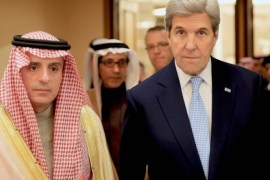 US Secretary of State John Kerry (R) and Saudi Arabian minister of foreign affairs Adel Al Jubair (L) arrive for a joint news conference at Riyadh's conference palace, in Riyadh, Saudi Arabia, 18 December 2016. Kerry's visit includes a meeting with the Saudi King Salman and other royalty to discuss the war in Yemen and regional issues.