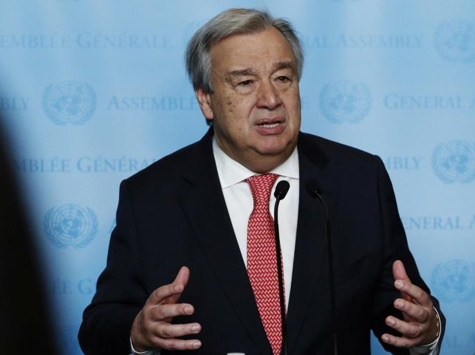 United Nations Secretary-General-designate Mr. Antonio Guterres of Portugal speaks to members of the media after being sworn in at UN headquarters in New York, U.S., December 12, 2016. REUTERS/Lucas Jackson