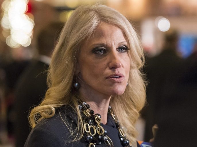 US President-elect Donald Trump's campaign manager Kellyanne Conway speaks to members of the press in lobby of Trump Tower in New York, NY, USA, 15 December 2016.
