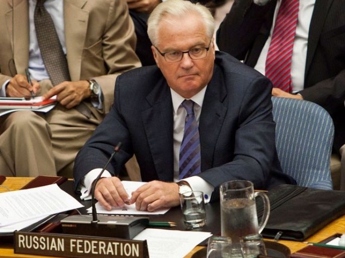 NEW YORK, NY - AUGUST 30: Vitaly Churkin, permanent representative of the Russian Federation to the United Nations, attends a United Nations (UN) Security Council meeting regarding the on-going civil war in Syria on August 30, 2012 in New York City. UN Security Council negotiations regarding the situation in Syria collapsed last month. Andrew Burton/Getty Images/AFP== FOR NEWSPAPERS, INTERNET, TELCOS & TELEVISION USE ONLY ==