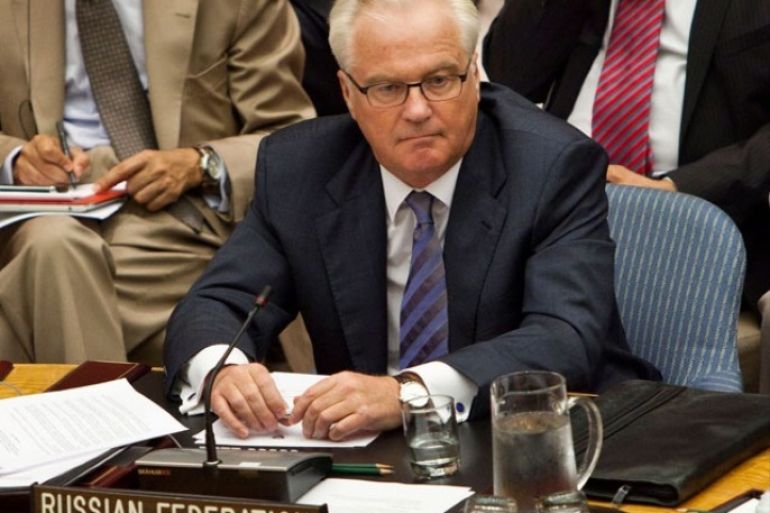 NEW YORK, NY - AUGUST 30: Vitaly Churkin, permanent representative of the Russian Federation to the United Nations, attends a United Nations (UN) Security Council meeting regarding the on-going civil war in Syria on August 30, 2012 in New York City. UN Security Council negotiations regarding the situation in Syria collapsed last month. Andrew Burton/Getty Images/AFP== FOR NEWSPAPERS, INTERNET, TELCOS &amp; TELEVISION USE ONLY ==