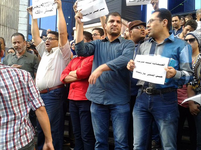 توالت احتجاجات الصحفيين ضد الاجراءات والقوانين التي يعتبرونها جائرة. (مايو 2016 ـ على سلم نقابة الصحفيين احتجاجا على اقتحام النقابة )