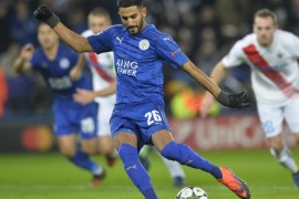 Riyad Mahrez of Leicester City (C) scores the 2-0 lead from a penalty during the UEFA Champions League group G soccer match between Leicester City and Club Brugge at the King Power Stadium in London, Britain, 22 November 2016.