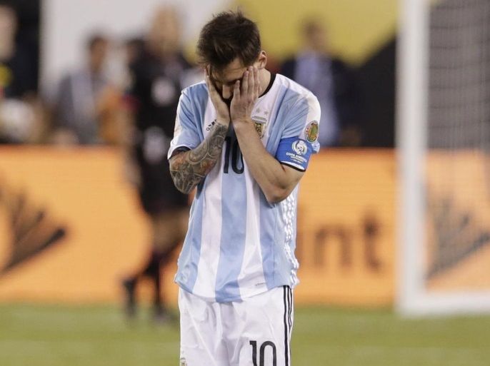 Jun 26, 2016; East Rutherford, NJ, USA; Argentina midfielder Lionel Messi (10) after missing penalty kick against Chile in the championship match of the 2016 Copa America Centenario soccer tournament at MetLife Stadium. Mandatory Credit: Adam Hunger-USA TODAY Sports