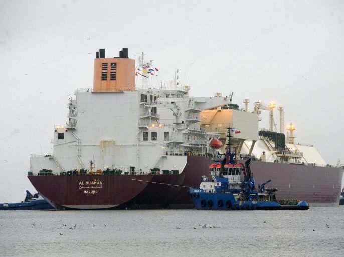 The LPG Tanker vessel 'Al Nuaman' with Qatari LNG enters the LNG Terminal Port in Swinoujscie, Poland, 11 December 2015. More than 315-meter long ship with 200 thousand cubic meters liquefied natural gas, departed the Qatari port of Ras Laffan on 20 November 2015. The gas from the first delivery from Qatar will be used in the commissioning and cool-down of the Swinoujscie LNG terminal. The first supply of commercial LNG shipping from Qatar at the Swinoujscie LNG termi