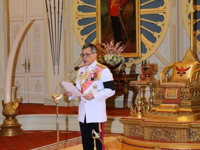 Thailand's new King Maha Vajiralongkorn Bodindradebayavarangkun speaks as he accepts an invitation from parliament to succeed his father, King Bhumibol Adulyadej, who died in October, at the Dusit Palace in Bangkok, Thailand, December 1, 2016. Thailand Royal Household Bureau/Handout via REUTERS. ATTENTION EDITORS - THIS IMAGE WAS PROVIDED BY A THIRD PARTY. EDITORIAL USE ONLY. NO RESALES. NO ARCHIVE.