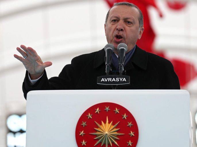 Turkish President Recep Tayyip Erdogan delivers a speech during the opening ceremony of the Eurasia Tunnel in Istanbul, Turkey, 20 December 2016. The 5.4-kilometers-long Eurasia Tunnel Project (Istanbul Strait Road Tube Crossing Project) connects the Asian and European sides of the Bosphorus strait through a highway tunnel underneath the seabed.