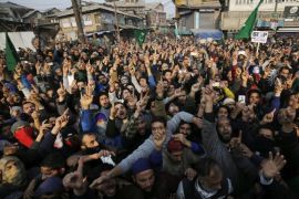 Kashmiri Muslims shout pro-freedom slogans at a rally after Friday congregation prayers in downtown area of Srinagar, the summer capital of Indian Kashmir, India, 02 December 2016. Police used dozens of tear smoke shells to disperse Kashmiri Muslim protestors. The head cleric of Kashmir addressed the Friday congregation prayers at Kashmir Grand Mosque after 21 weeks, soon after he was released from house arrest.