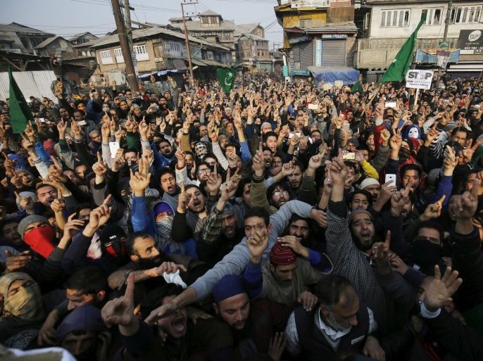 Kashmiri Muslims shout pro-freedom slogans at a rally after Friday congregation prayers in downtown area of Srinagar, the summer capital of Indian Kashmir, India, 02 December 2016. Police used dozens of tear smoke shells to disperse Kashmiri Muslim protestors. The head cleric of Kashmir addressed the Friday congregation prayers at Kashmir Grand Mosque after 21 weeks, soon after he was released from house arrest.