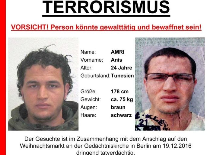 An undated handout photo made available by German Federal Criminal Police Office (BKA) on 21 December 2016 shows the wanted note for suspect Anis Amri who is searched for in connection to the 19 December Berlin attacks. A manhunt for the truck driver is underway after an initial suspect had to be released after he was cleared of the suspicion. At least 12 people were killed and dozens injured when a truck on 19 December drove into the Christmas market at Breitscheidplatz in Berlin, in what authorities believe was a deliberate attack. EPA/BKA / HANDOUT