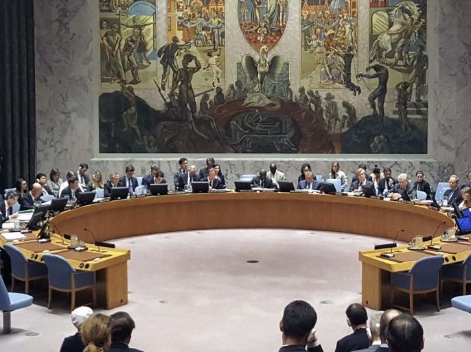 A general view shows the United Nations Security Council (UNSC) holding a meeting at the UN headquarters in New York, New York, USA, 30 November 2016, to discuss a new resolution in response to North Korea's fifth nuclear test in early September. The resolution, which came 82 days after the test, was adopted unanimously to significantly cut off the North's coal exports, one of the valuable sources of cash for the country. EPA/YONHAP SOUTH KOREA OUT
