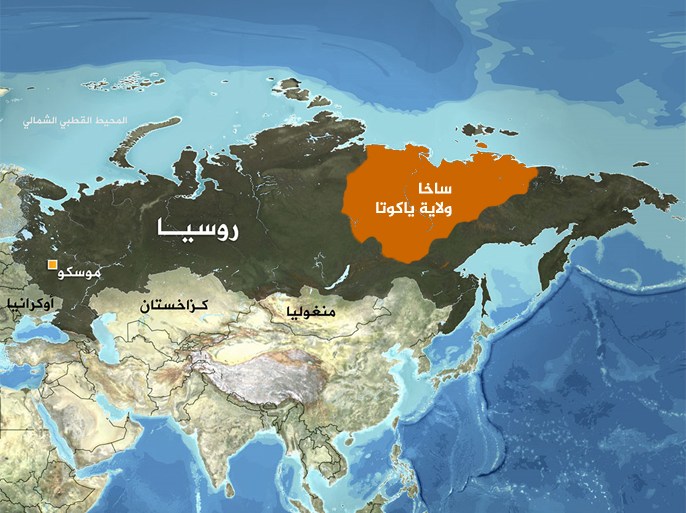 خارطة روسيا - موضح عليها ساخا - ولاية ياكوتا