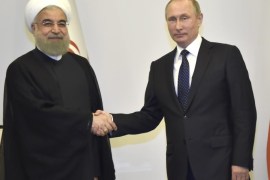 Russian President Vladimir Putin (R) welcomes Iranian leader Hassan Rouhani during their meeting in Baku, Azerbaijan, 08 August 2016. The talks between Russian President Vladimir Putin, his Azerbaijani counterpart Ilham Aliyev and Iranian leader Hassan Rohani are mainly focused on the North-South Transport Corridor ship, rail, and road route for moving freight between India, Russia, Iran, Europe and Central Asia, as well as well as anti-terrorism cooperation. EPA/ALEXA