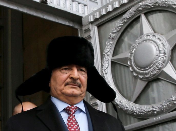 FILE PHOTO: General Khalifa Haftar, commander in the Libyan National Army (LNA), leaves after a meeting with Russian Foreign Minister Sergei Lavrov in Moscow, Russia, November 29, 2016. REUTERS/Maxim Shemetov/File Photo